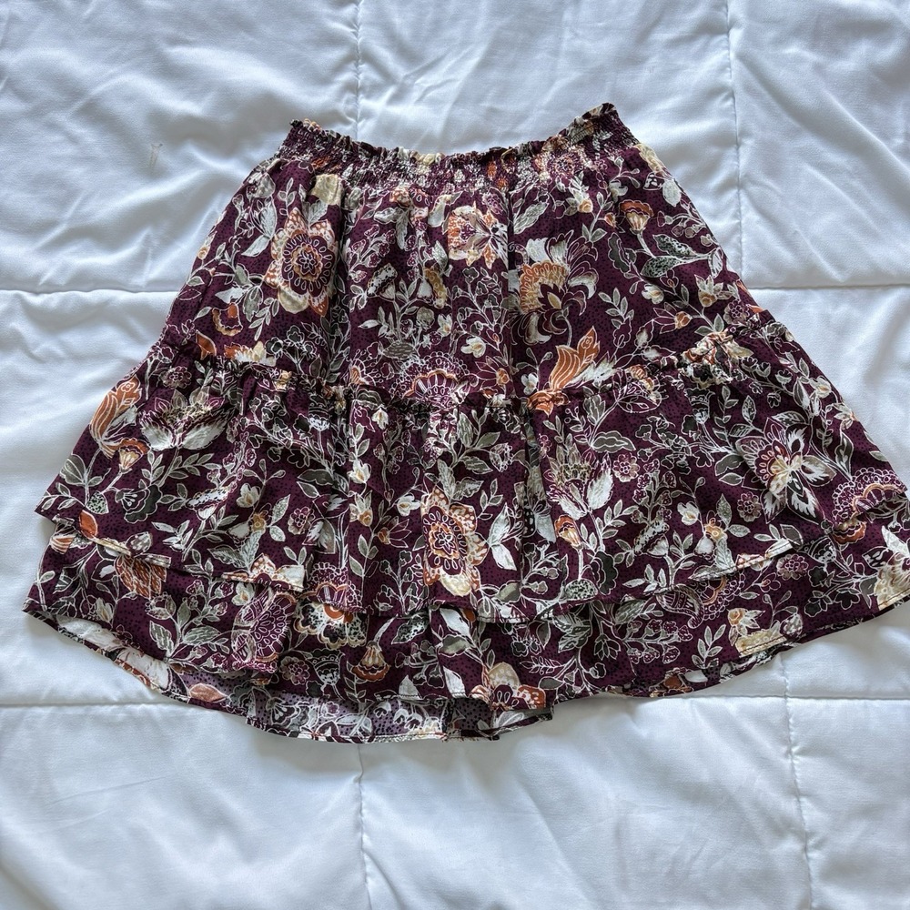 Womens Small Skirt Purple Floral Tiered Cottagecore Boho Peasant Dainty Beach